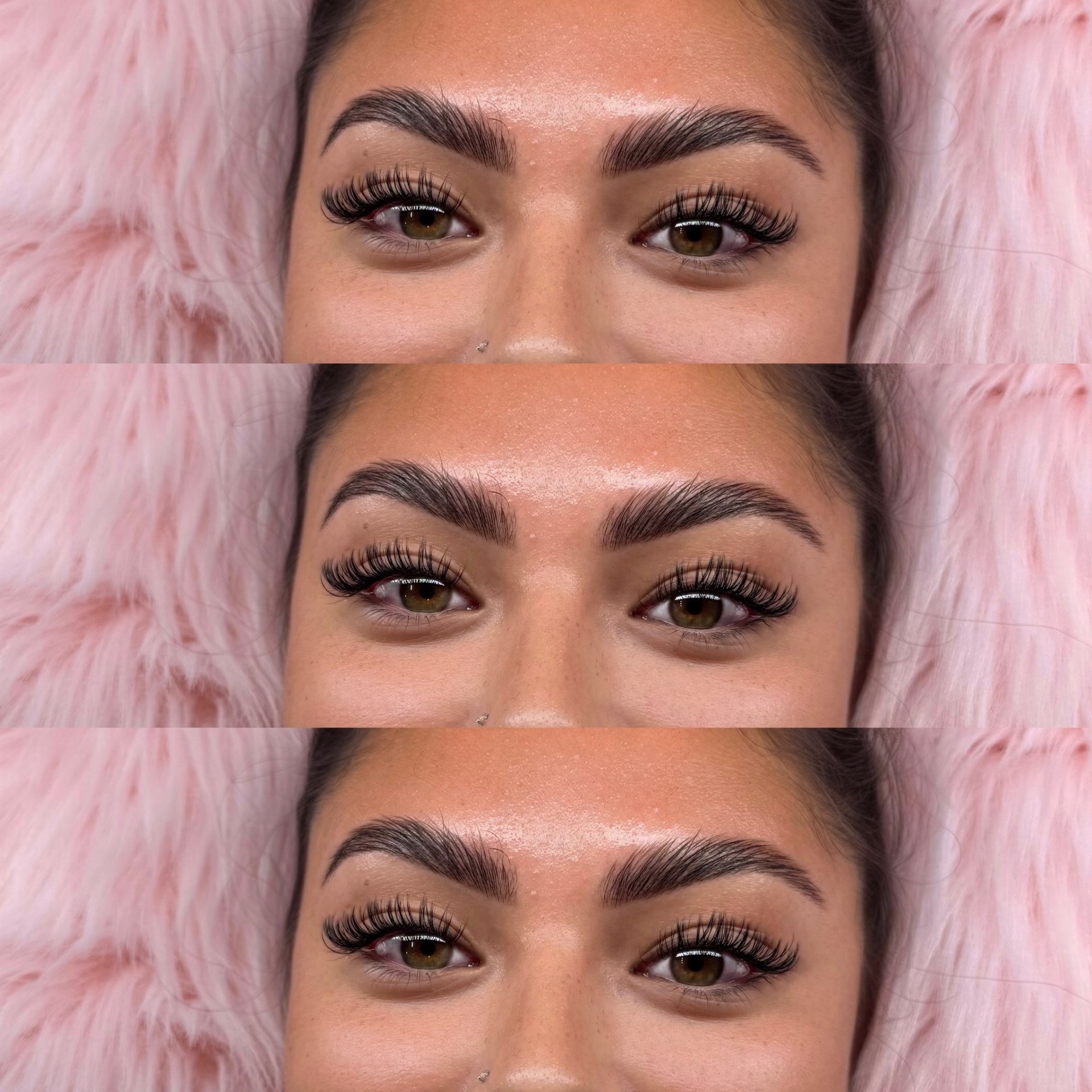 Hybrid lash extensions, three-stack progression on brunette client