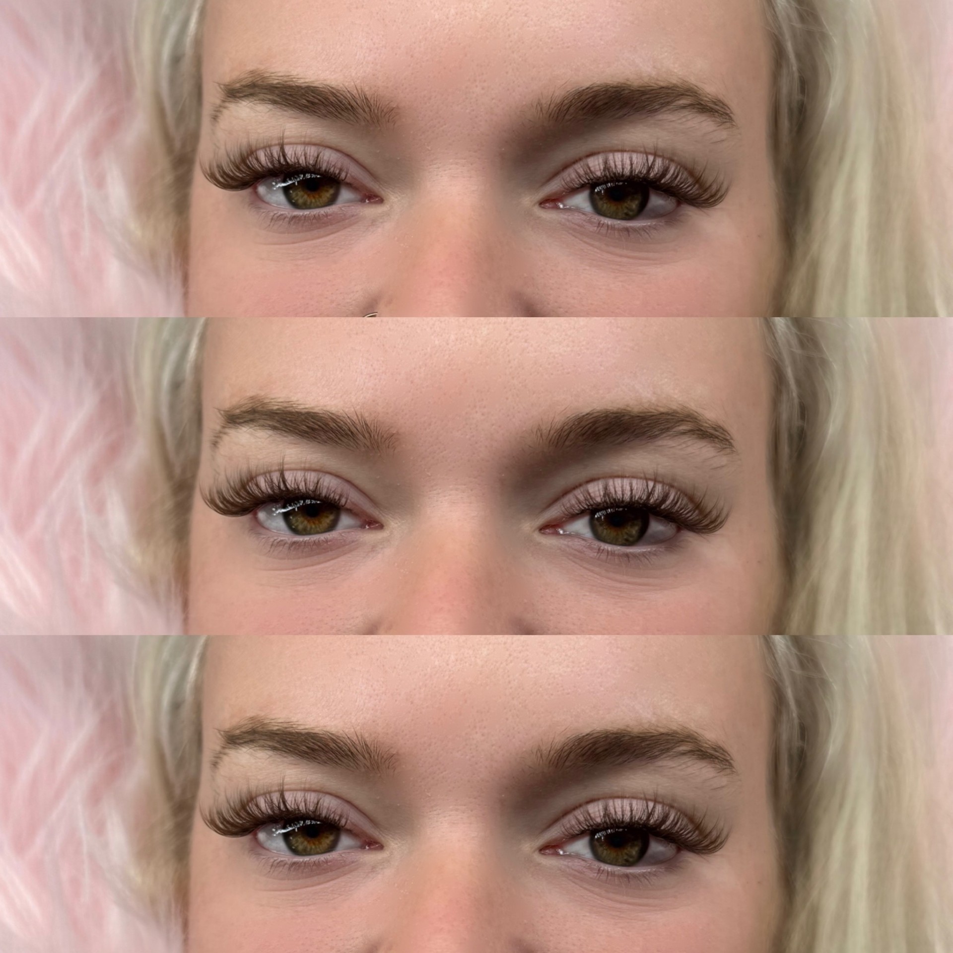 Wet Set lash extensions, three-stack progression on blonde