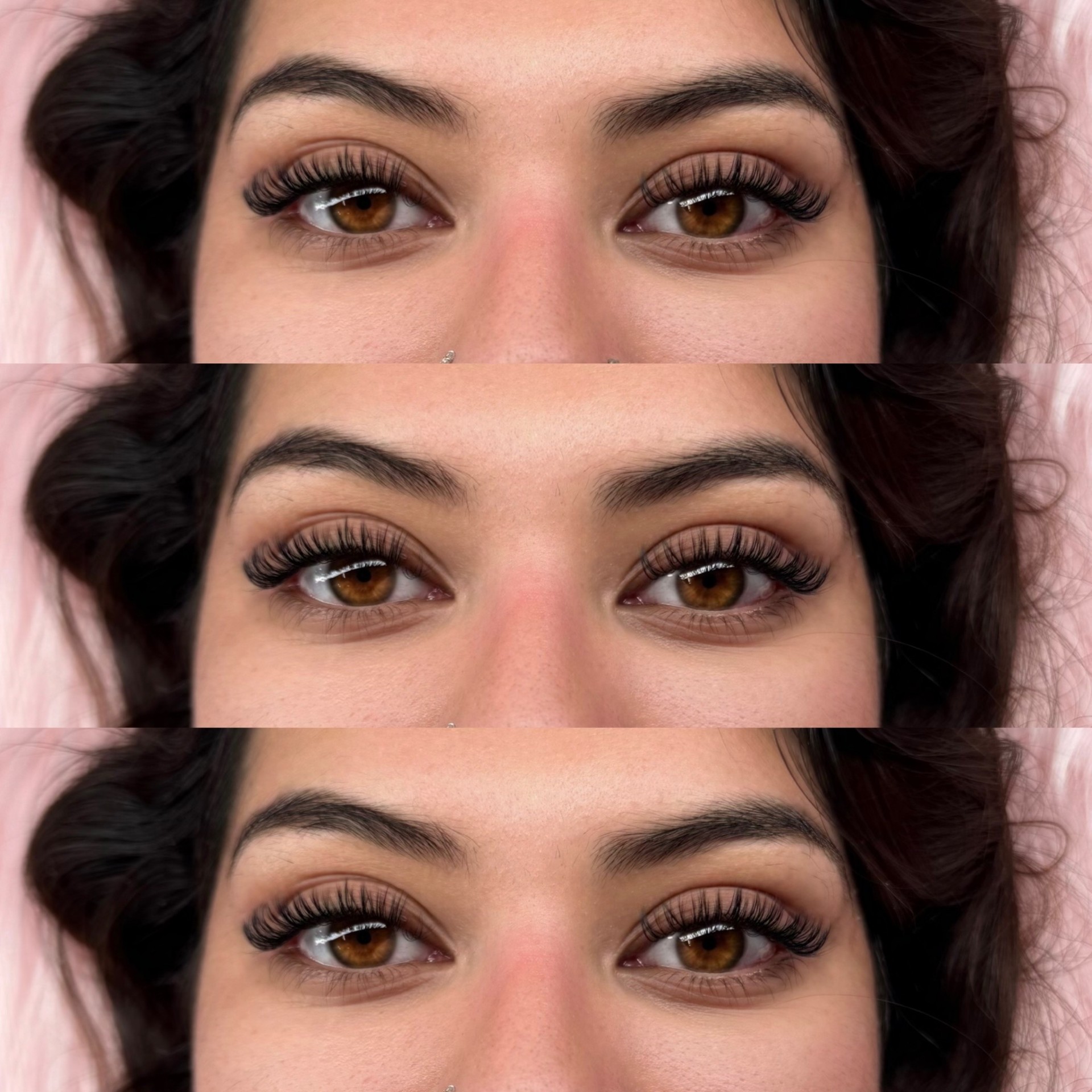 Wet Set lash extensions, three-stack progression on brunette