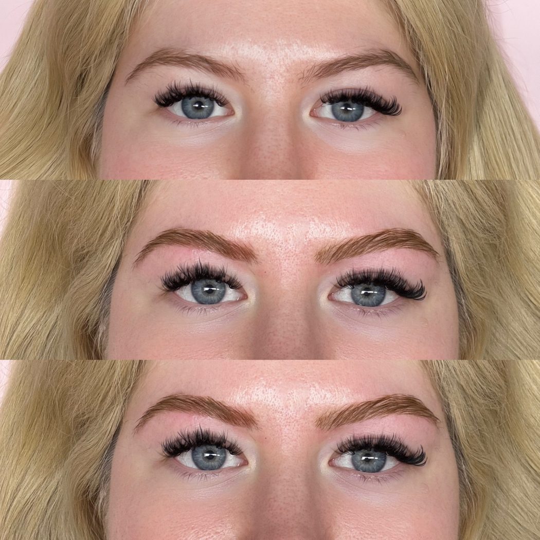 Brow lamination, three-panel before and after on blonde client